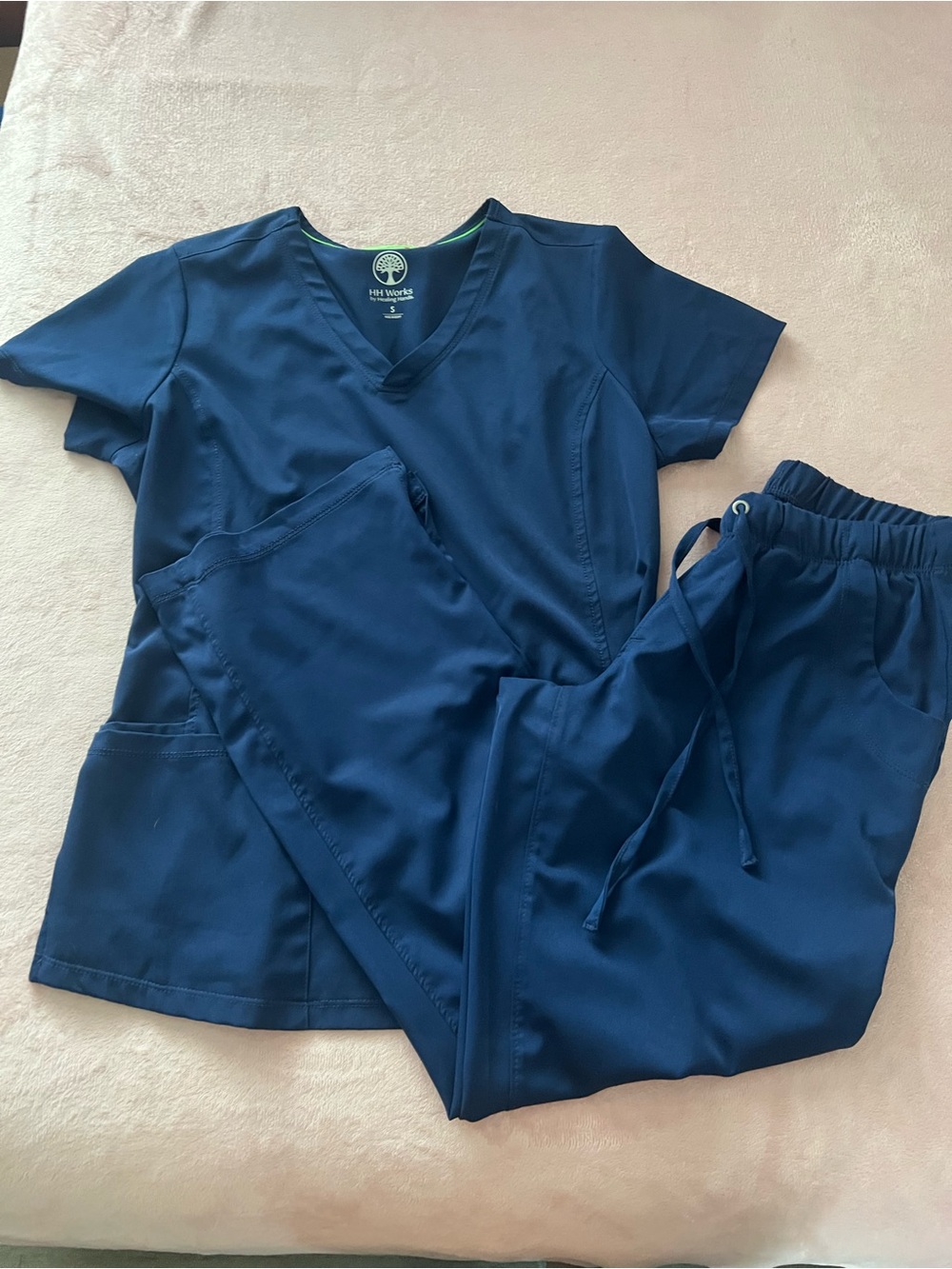 healing hands Navy Blue Scrub Top with Drawstring Jogger Pants